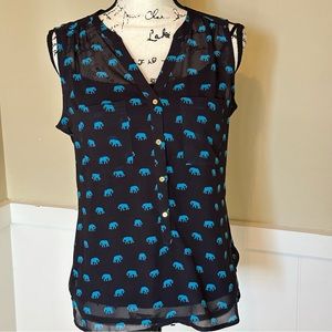 BANANA REPUBLIC- women's short sleeve sheer  blouse- navy blue w/elephants